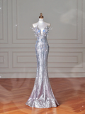 Niulatu Silver Sequin 3D Beaded Mermaid Evening Dress Long Prom Dress With Bow HZ1007