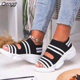Niulatu Women Sandals 2025 High Heels Platform Women Shoes Summer Casual Female shoes Knitting Slip On Peep Toe flat Women Sandals DJSE