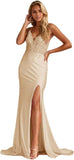 Niulatu Women's Lace Applique Mermaid Prom Dresses Long with Slit Stretchy Satin V Neck Formal Evening HZ1007
