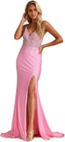 Niulatu Women's Lace Applique Mermaid Prom Dresses Long with Slit Stretchy Satin V Neck Formal Evening HZ1007