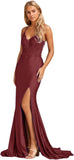 Niulatu Women's Lace Applique Mermaid Prom Dresses Long with Slit Stretchy Satin V Neck Formal Evening HZ1007
