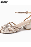Niulatu 33-43 Women Sandals Real Leather High Heels Summer Shoes For Womens Ankle Strap Chunky Retro Rome Woven Sandalias DJSE