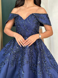 Niulatu A line Off The Shoulder Navy Blue Satin Lace Long Evening Dress Prom Dresses HZ1110