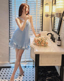 Niulatu A Line Halter Baby Blue Pleated Chiffon Short Homecoming Dress Birthday Dress HZ0113