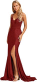 Niulatu Women's Lace Applique Mermaid Prom Dresses Long with Slit Stretchy Satin V Neck Formal Evening HZ1007