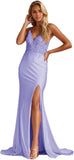 Niulatu Women's Lace Applique Mermaid Prom Dresses Long with Slit Stretchy Satin V Neck Formal Evening HZ1007