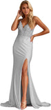 Niulatu Women's Lace Applique Mermaid Prom Dresses Long with Slit Stretchy Satin V Neck Formal Evening HZ1007