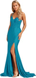 Niulatu Women's Lace Applique Mermaid Prom Dresses Long with Slit Stretchy Satin V Neck Formal Evening HZ1007