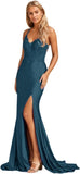 Niulatu Women's Lace Applique Mermaid Prom Dresses Long with Slit Stretchy Satin V Neck Formal Evening HZ1007