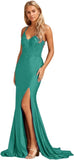 Niulatu Women's Lace Applique Mermaid Prom Dresses Long with Slit Stretchy Satin V Neck Formal Evening HZ1007