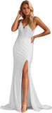 Niulatu Women's Lace Applique Mermaid Prom Dresses Long with Slit Stretchy Satin V Neck Formal Evening HZ1007