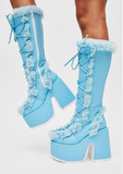 Niulatu High Platform Boots High Chunky Heel Round Toe Mid Calf Boots Elegant Women Casual Outfit Winter Cross Tied Shoes DJSE
