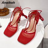 Niulatu Sandy Beach Mesh Hollow Summer Sandals Women Travel Cross-Tied Thin Heels High Shoes 2025 Sexy Zapatillas Mujer DJSE