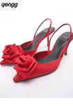 Niulatu Floral Pumps with Pointed Toe and Stiletto Slingback Strap Chunky Heels Party Prom Shoes Women DJSE