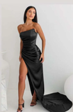 Niulatu Sheath Strapless Neckline Slit Satin Long Party Dress Prom Dresses SD2446