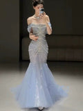 Niulatu Mermaid Off The Shoulder Blue Tulle Prom Dresses HZ1110