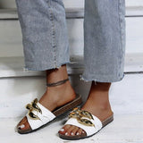 Niulatu Women Slipper Women's Sandals New Design Gold Chain Closed Toe Slip On Mules Shoes Flat Heel Square Head Casual Slides Flip Flop DJSE