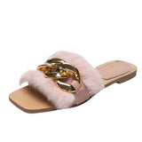 Niulatu Size Plush Furry Fluffy Women Slippers White Flat Outdoor Autumn Shoes Fashion Chain Fur Slipper Slip on Woman Mules DJSE