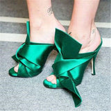 Niulatu Bowtie High Heel Sandals Peep Toe Butterfly-Knot Ruffles High Heels Mules Slip-on Wedding Dress Shoes Big Size 42 DJSE