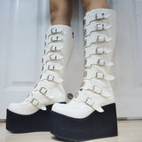 Niulatu Size 48 Brand Design Platform Wedges Goth Black Mid Calf Motorcycle Boots Women Buckle Trendy Cool Punk Zipper Women Shoes DJSE