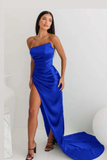 Niulatu Sheath Strapless Neckline Slit Satin Long Party Dress Prom Dresses SD2446