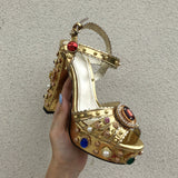 Niulatu Women Chunky High Heels Shoes Platform Sandals For Women Rhinestone Metallic Gold Leather Shoes Woman Peep Toe Wedding Shoes DJSE
