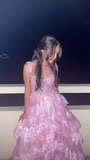 Niulatu A-Line Pink Lace Appliques Tiered Long Prom Dress Formal Evening Dress HZ1007