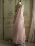 Niulatu Pink Chiffon Sweetheart Spaghetti Straps Long Prom Evening Dress With Pearls HZ1007