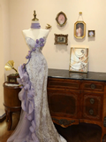 Niulatu Strapless Purple Satin Tulle Mermaid Prom Dress Evening Dress With Flowers HZ1007