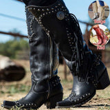 Niulatu On Sale Vintage High Quality Fringe Rivet Pointed Toe Western Boots For Women Chunky Heel Autumn Ladies Shoes DJSE
