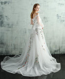 Niulatu Tulle Lace Spaghetti Straps Long Evening Dress, Embroidery White Prom Dress HZ0113