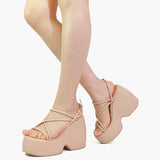 Niulatu Women Brand Platform Sandals Shoes Strappy Heels Wegdes Heeled Shoes Design Punk Cool Chunky Buckle Casual Black White Shoes DJSE