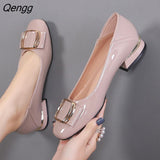 Niulatu Women Sweet Round Toe Cool Comfort Square Heels Pumps for Party Lady PU Leather Stylish Elegant Low-heeled Shoes Autumn Loafers DJSE