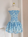 Niulatu A line Strapless Sleeveless Blue Floral Party Dress Short Birthday Outfits SD380