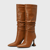 Niulatu Sexy Women Knee High Pleated Boots Warm Winter Fashion Black Mid Calf Boots Woman's Comfort Noble Stiletto Shoes Big 43 DJSE