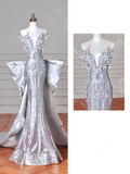 Niulatu Silver Sequin 3D Beaded Mermaid Evening Dress Long Prom Dress With Bow HZ1007