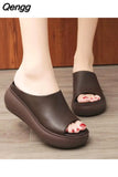 Niulatu 7.5cm Platform Wedges Women's Shoes Thick Heel Open Peep Toe Sandals Leather Summer Style Slide Black Shoes DJSE
