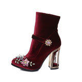 Niulatu rhinestone flower women boots for wedding retro ladies ankle boots bird cage high heels zipper velvet shoes FT466 DJSE