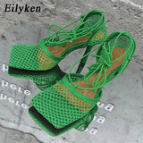 Niulatu Sexy Green Mesh Pumps Sandals Female Square Toe high heel Lace Up Cross-tied Stiletto hollow Dress shoes size DJSE