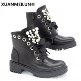 Niulatu Women Short Boots 2025 Ladies Leather Ankle Boots Autumn Platform Motorcycle Shoes For Woman's Punk 36-42 Winter Pearl Rivet Sho DJSE