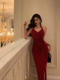 Niulatu Sheath Halter Red Slit Velvet Prom Dresses Birthday Outfits SD771