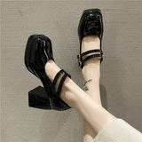 Niulatu High Heels Platform Pumps Women's Square Toe Thick Heels Mary Janes Woman Patent Leather High Heels Shoes Party Shoes DJSE
