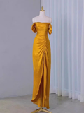 Niulatu Off The Shoulder Yellow Pleated Prom Dress Slit Evening Dress HZ1007