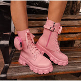 Niulatu Women's Boots Buckle Strap Zipper Ladies Motorcycles Boots Pocket Lace Up Female Combat Runway Ankle Boots Woman Platform Shoes DJSE