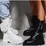 Niulatu Women's Boots Buckle Strap Zipper Ladies Motorcycles Boots Pocket Lace Up Female Combat Runway Ankle Boots Woman Platform Shoes DJSE