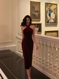 Sexy Sheath Halter Burgundy Velvet Sleeveless Prom Dresses Party Dress Summer Birthday Outfits Birthday Dresses HZ1214