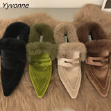 Niulatu Women Luxury Velvet Mules Pointy Toe Slip-on Fur Sandals Ladies Brand Design Outdoor Furry Slides Evening Party Heeled Shoes DJSE