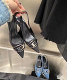 Niulatu Women Free Shipping Spring New Slingback Matal Buckle Ladies Elegant Med Heel Brand Pointed Toe Slip On Stiletto Shoes DJSE