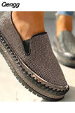 Niulatu Women Autumn Sequined Round Toe Flats Sneakers Luxury Glitter Crystal Slip On Loafers Platformvulcanized Shoes Sewing Lazy Shoes DJSE
