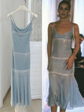 Niulatu Spaghetti Straps Blue Chiffon Beaded Prom Dress Evening Dress HZ1007